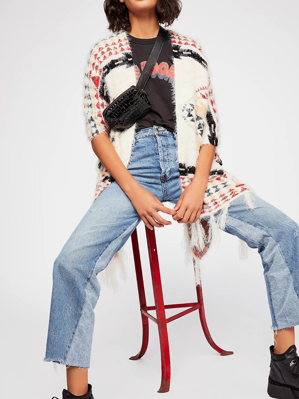 Free People Canyonland Kimono One Size Cream/Black/Red Fringe Aztec Open Front
